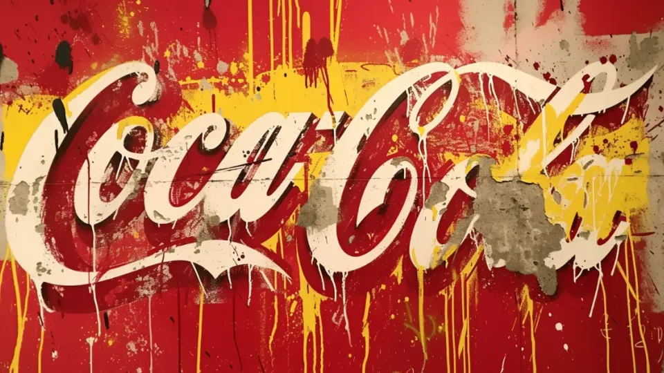 Coca-Cola script logo painted on a red and yellow wall