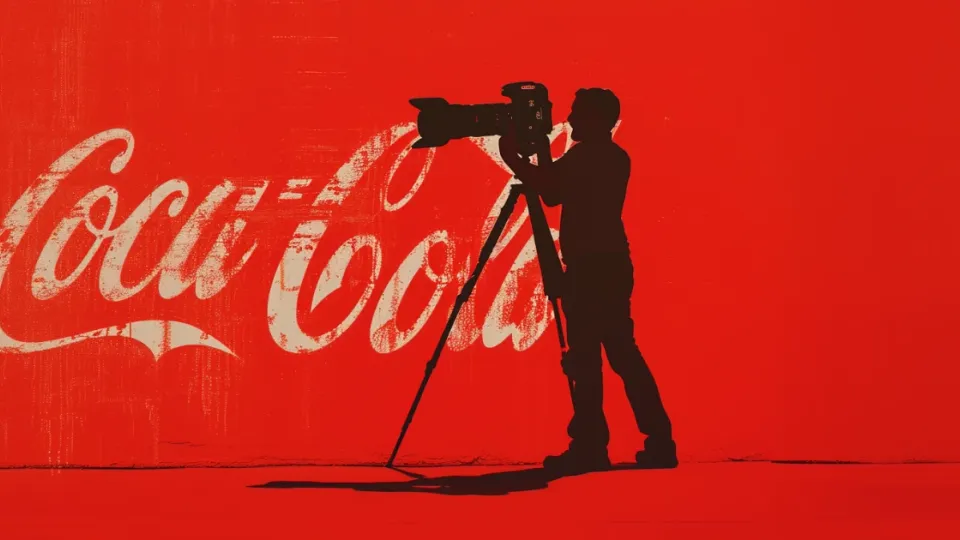 Silhouetted filmmaker with camera against a red Coca-Cola logo wall