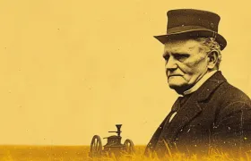 Sepia illustration of an elderly man in a cap beside a field plow