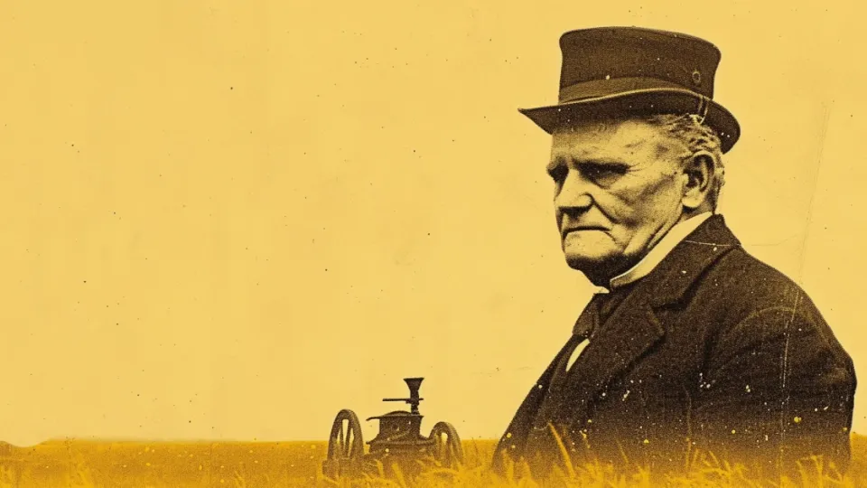 Sepia illustration of an elderly man in a cap beside a field plow