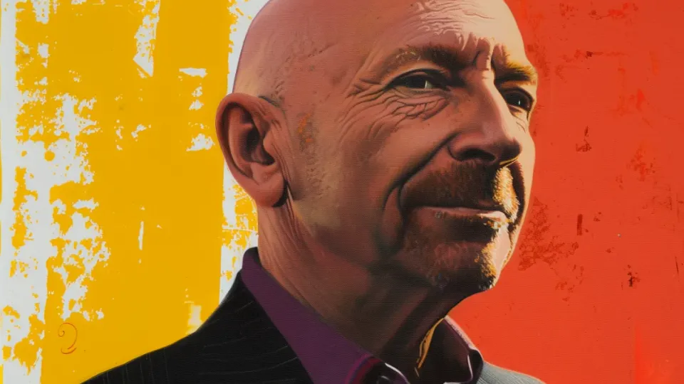 Pop-art portrait of a bald mustached executive on yellow and orange