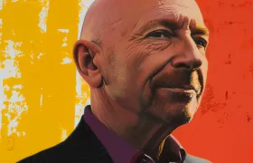 Pop-art portrait of a bald mustached executive on yellow and orange
