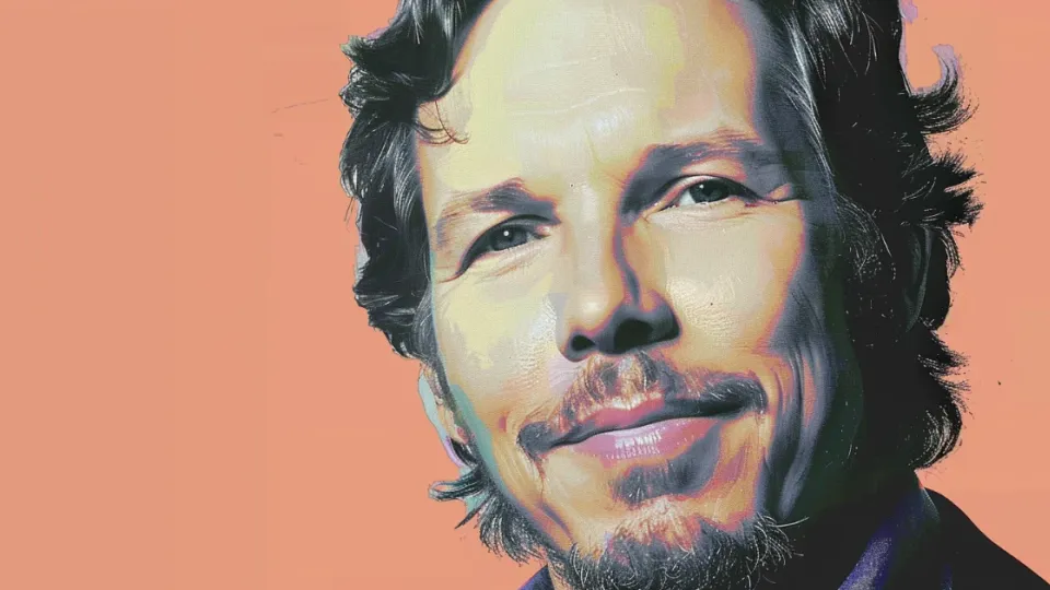 Painted portrait of a bearded man on a peach background