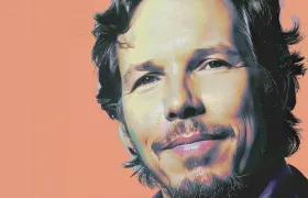 Painted portrait of a bearded man on a peach background
