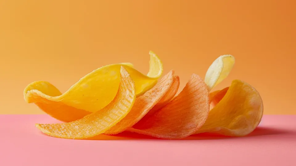 Curled golden potato chips stacked on a pink and orange background