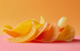 Curled golden potato chips stacked on a pink and orange background