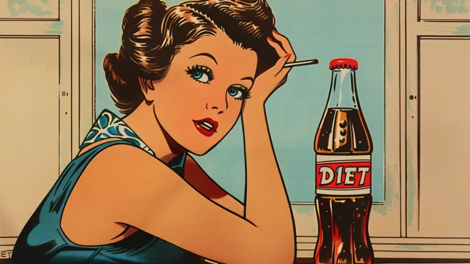 Retro pop-art illustration of a 1950s woman beside a bottle of Diet Rite diet cola