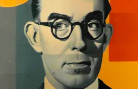 Mid-century man in round black glasses, greyscale portrait on orange color blocks