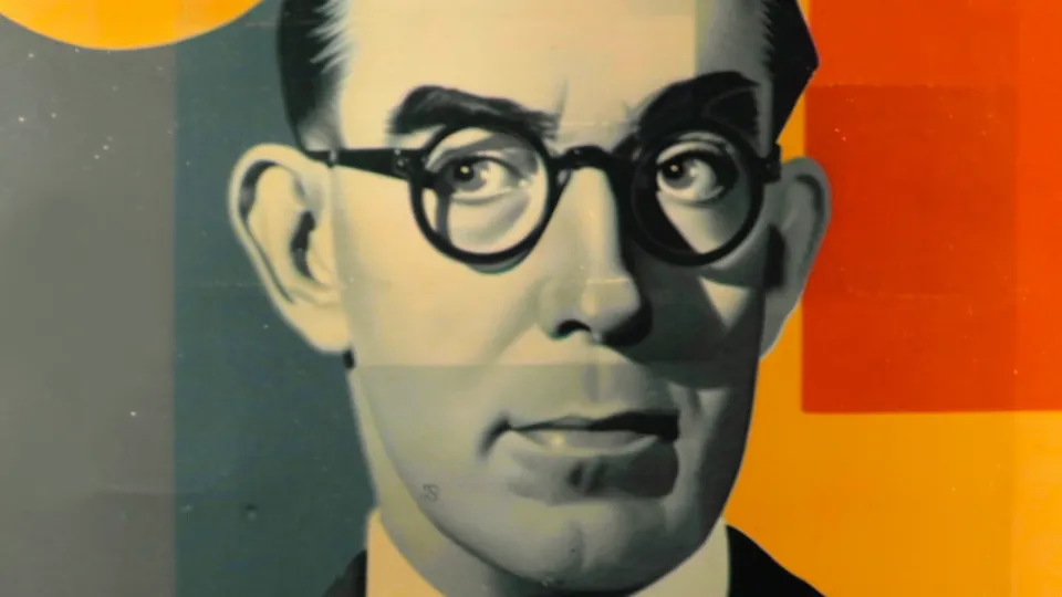 Mid-century man in round black glasses, greyscale portrait on orange color blocks