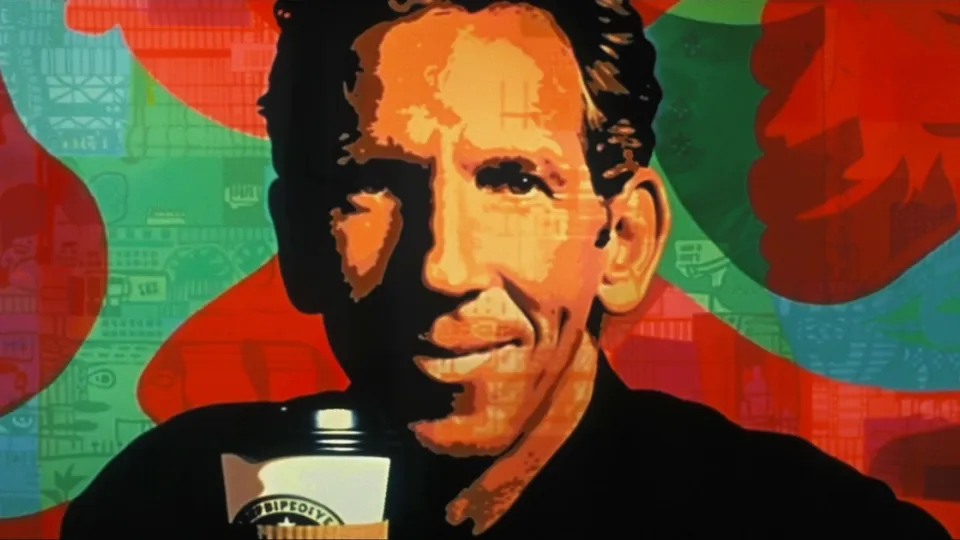Pop-art portrait of a smiling man holding a paper coffee cup