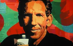 Pop-art portrait of a smiling man holding a paper coffee cup