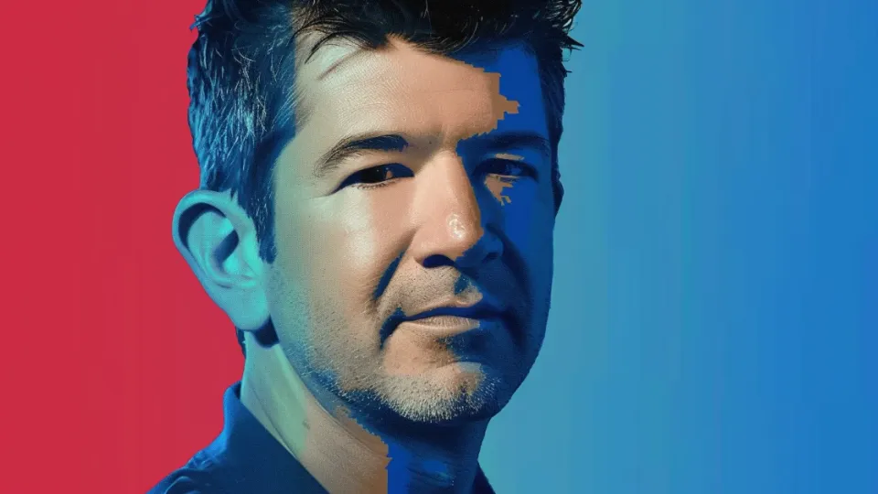 Stylized portrait of Uber co-founder Travis Kalanick on red and blue background