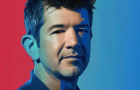 Stylized portrait of Uber co-founder Travis Kalanick on red and blue background