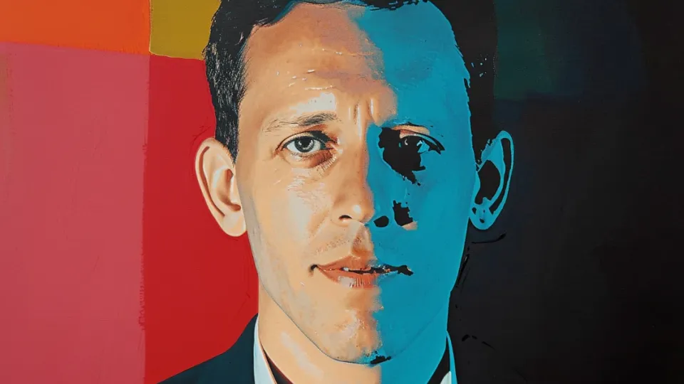 Pop art portrait of a suited man with face painted half cyan