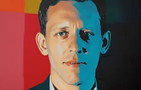 Pop art portrait of a suited man with face painted half cyan