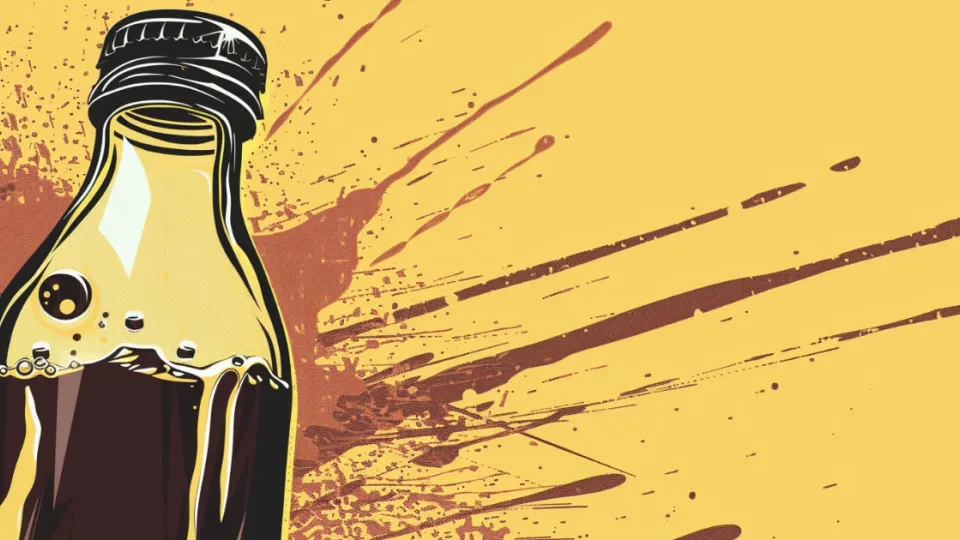 Illustrated glass bottle of chocolate drink with brown splash on yellow