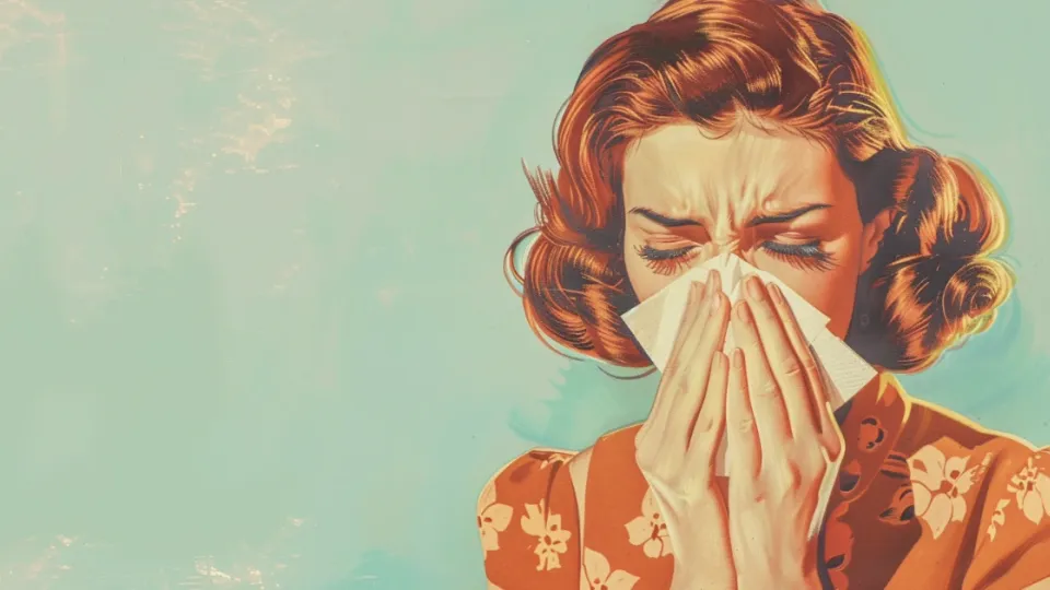 Retro illustration of a woman blowing her nose into a paper tissue