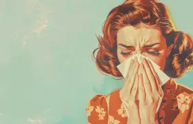 Retro illustration of a woman blowing her nose into a paper tissue