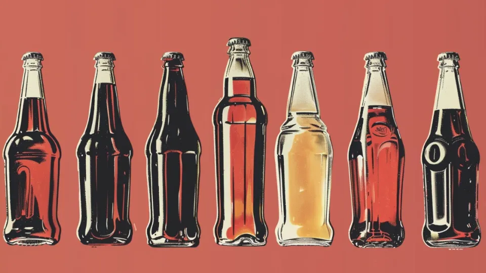 Illustration of seven vintage glass soda bottles in a row