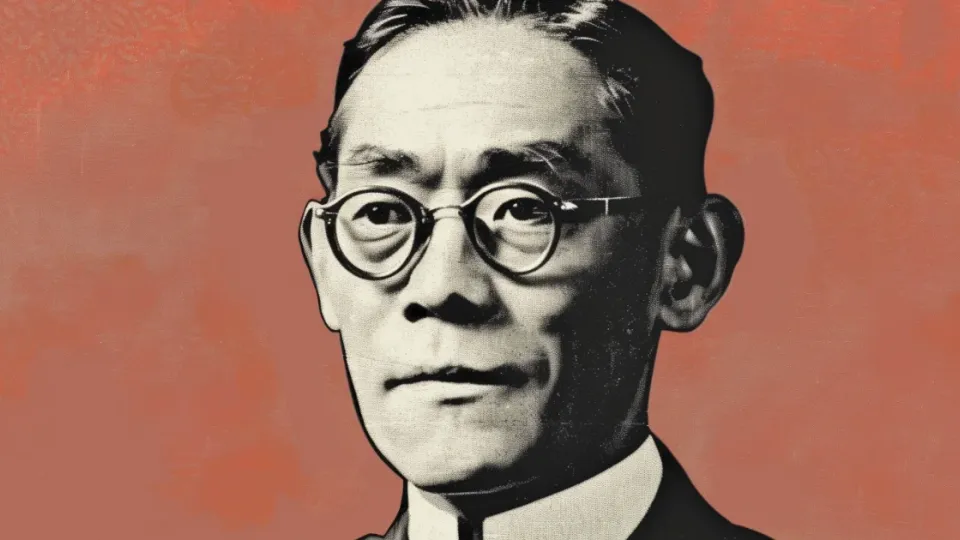 Toyota CEO history illustration, Japanese executive in round glasses