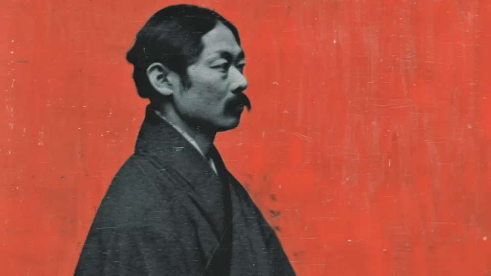 Meiji-era Japanese man in kimono photographed in profile against red