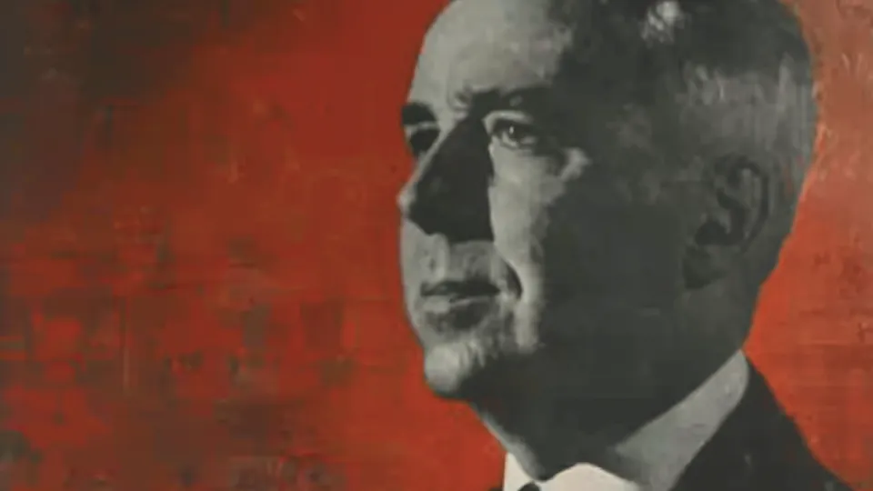 Pop-art portrait of a suited man against a red background