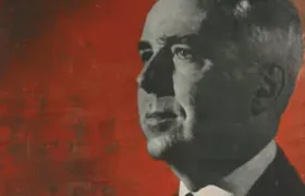 Pop-art portrait of a suited man against a red background