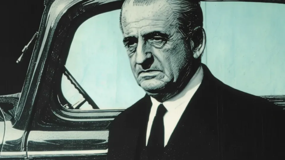Older executive in a dark suit standing beside a vintage car
