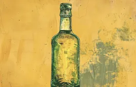 Green glass soda bottle illustration on a mustard yellow textured background