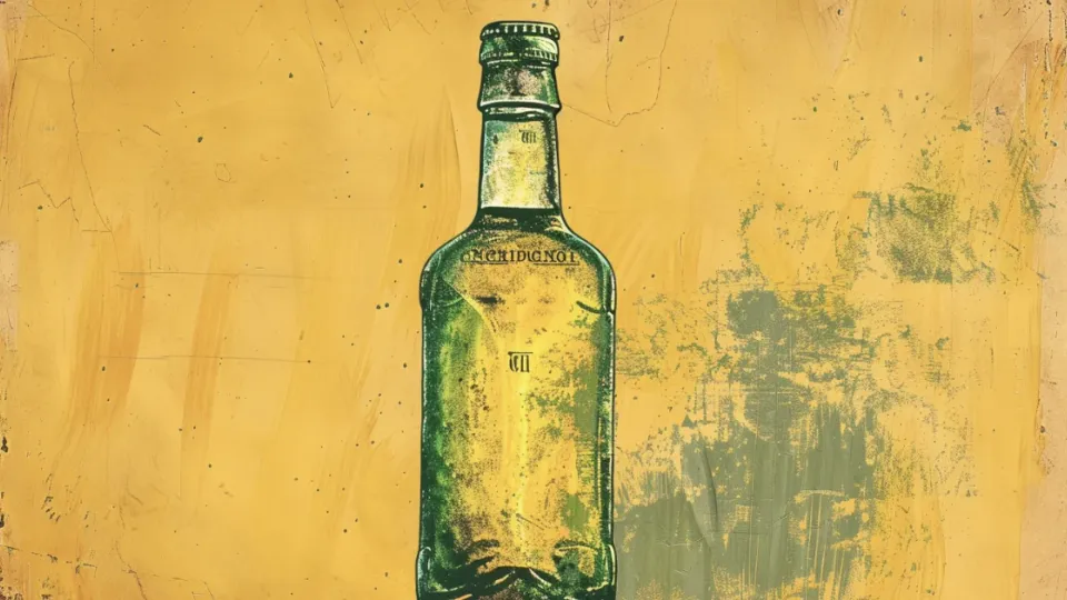 Green glass soda bottle illustration on a mustard yellow textured background