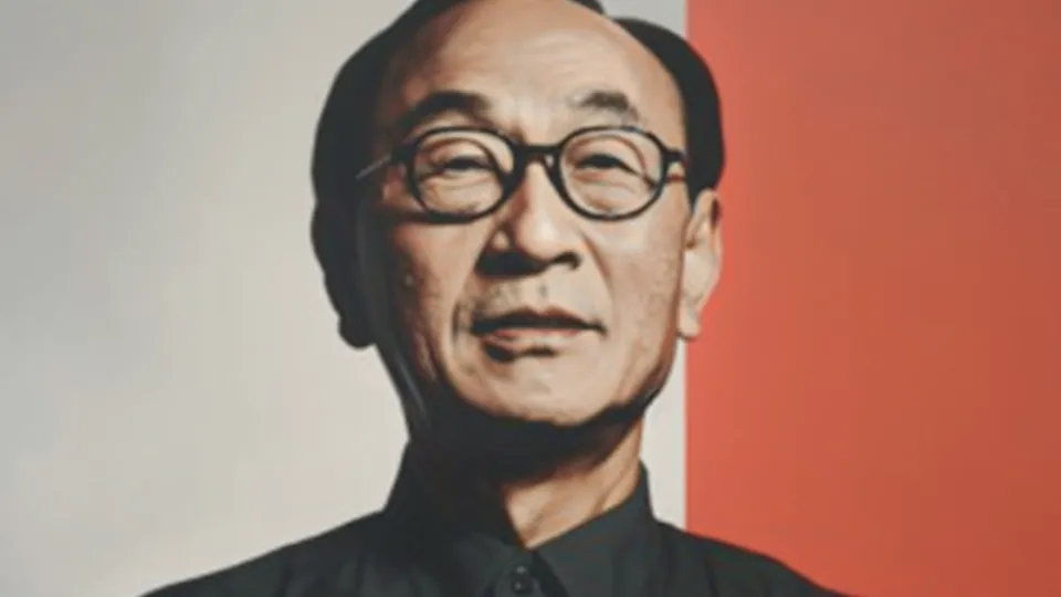 Older man in round black glasses against a split grey and orange background