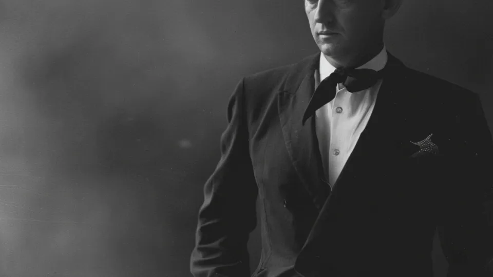Christian Dior in a dark suit and bow tie, black-and-white portrait