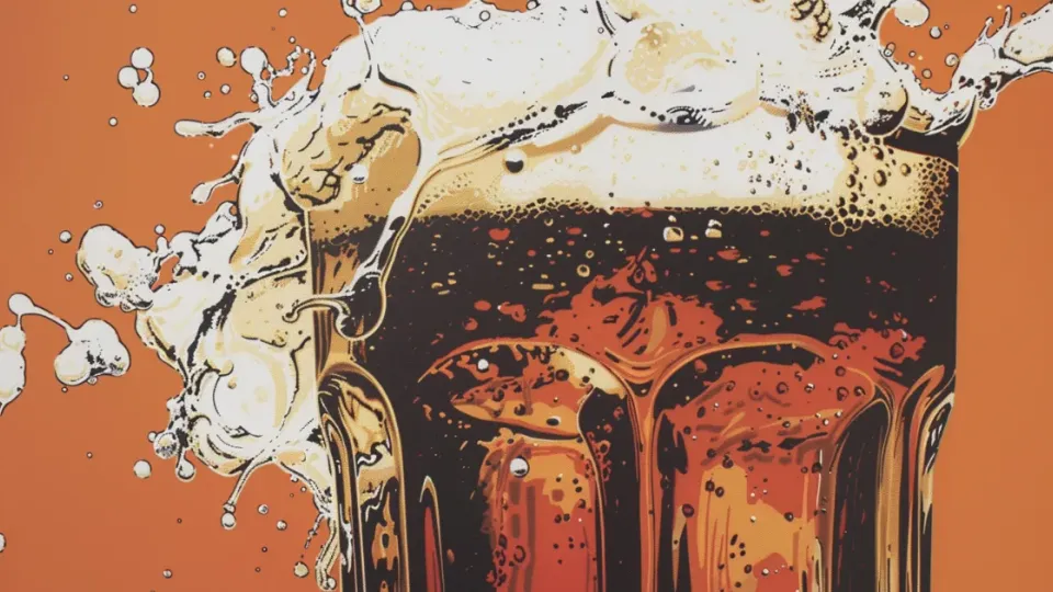 Foamy dark root beer overflowing a tall glass on orange