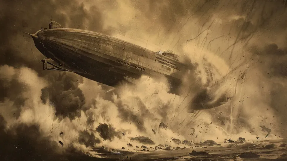 Sepia illustration of a rigid airship above burning wreckage and smoke