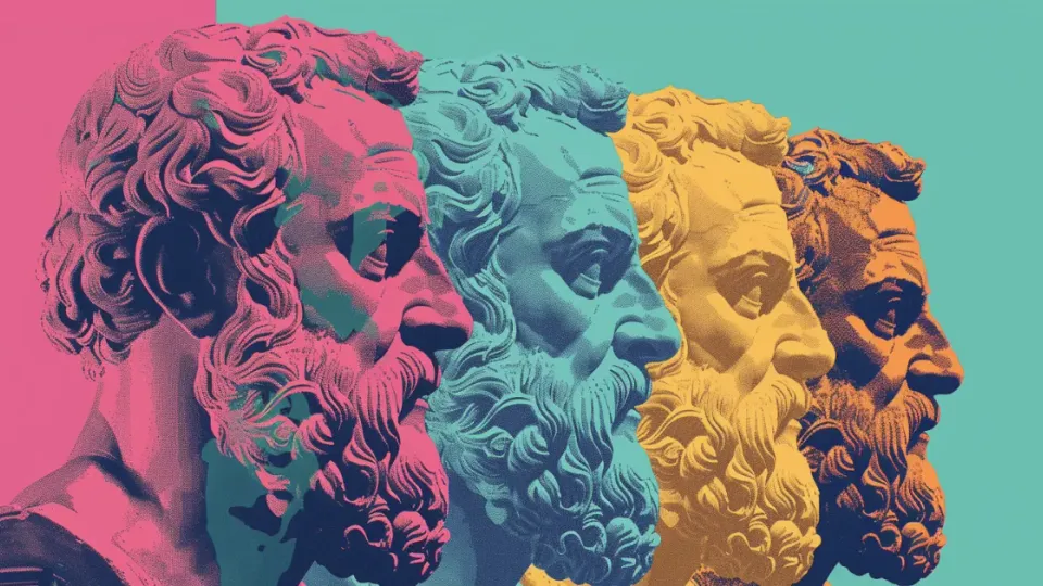 Four bearded ancient Greek philosopher busts in profile, pop art colors