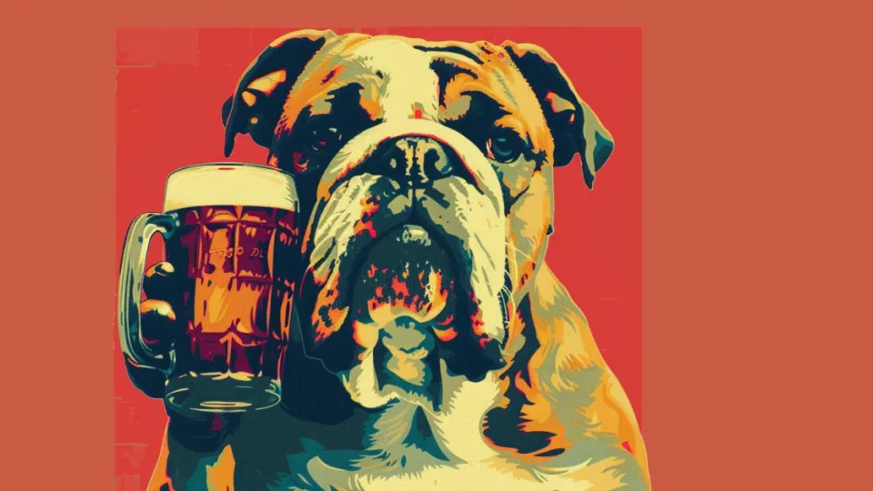 Bulldog mascot holding a frosty mug of root beer, poster art