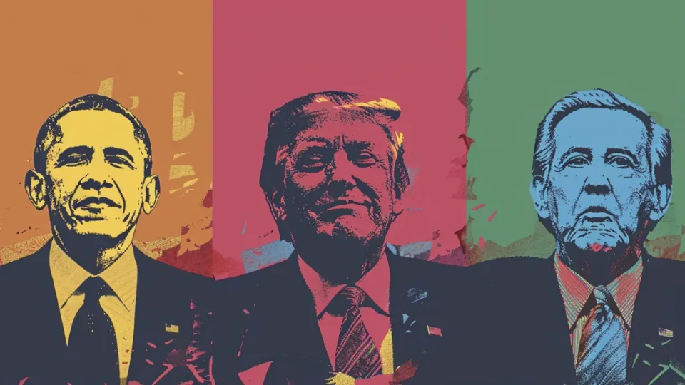 Pop art triptych portraits of Obama, Trump and a white-haired president