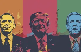 Pop art triptych portraits of Obama, Trump and a white-haired president