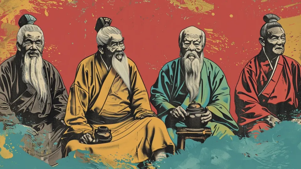 Four robed East Asian sages seated, screen-print style illustration