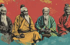 Four robed East Asian sages seated, screen-print style illustration