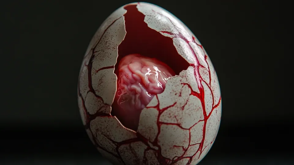 Cracked balut egg showing duck embryo and red blood vessels on shell