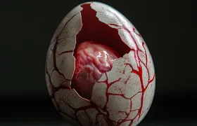 Cracked balut egg showing duck embryo and red blood vessels on shell
