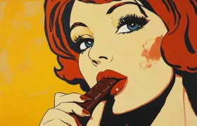 Pop-art painting of red-haired woman biting a chocolate bar