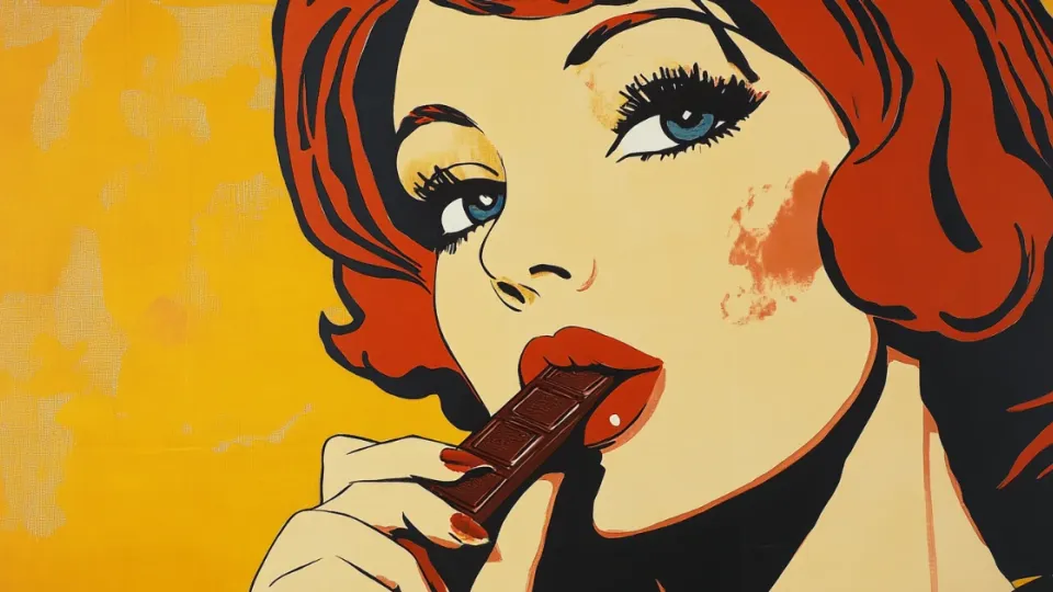Pop-art painting of red-haired woman biting a chocolate bar