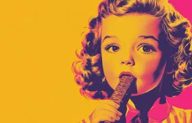 Pop-art portrait of a curly-haired girl biting a chocolate bar
