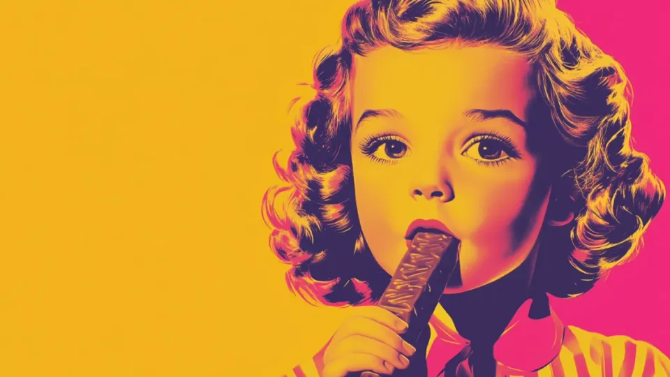 Pop-art portrait of a curly-haired girl biting a chocolate bar