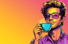 Illustrated man in sunglasses sipping espresso against pink-orange gradient