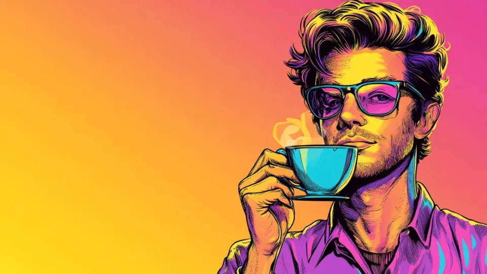 Illustrated man in sunglasses sipping espresso against pink-orange gradient