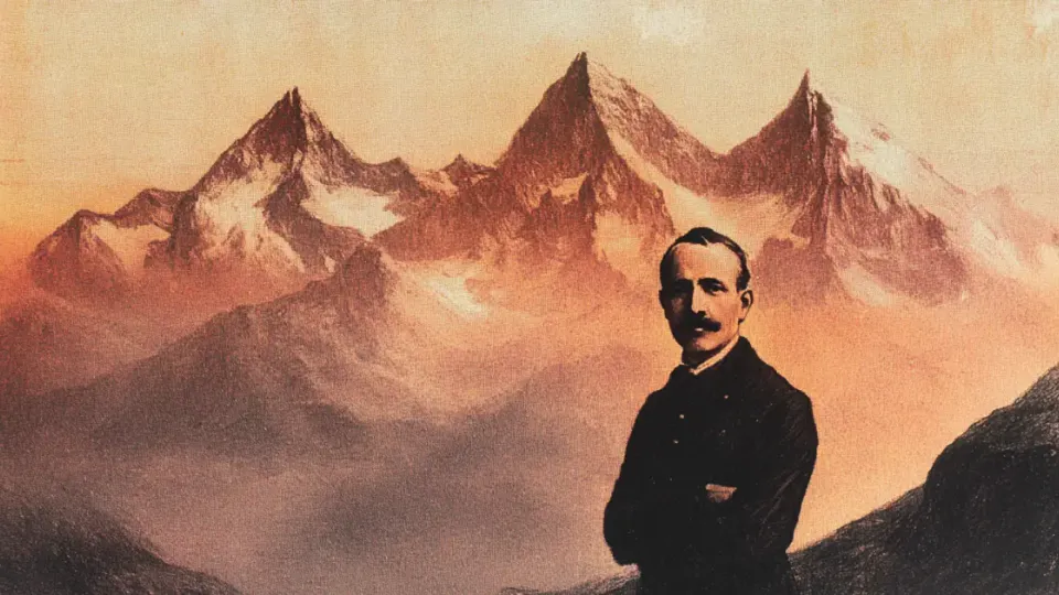 Theodor Tobler in dark suit before sepia Swiss Alpine peaks