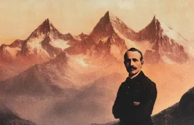 Theodor Tobler in dark suit before sepia Swiss Alpine peaks